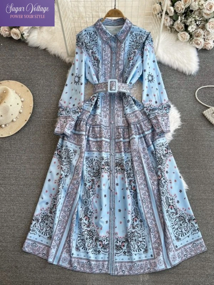 Elegant Print Shirt Dress Women 2025 Korean Style Vintage Long Sleeve Turn Down Collar Waist Belt A Line Maxi Floral Boho Outfit