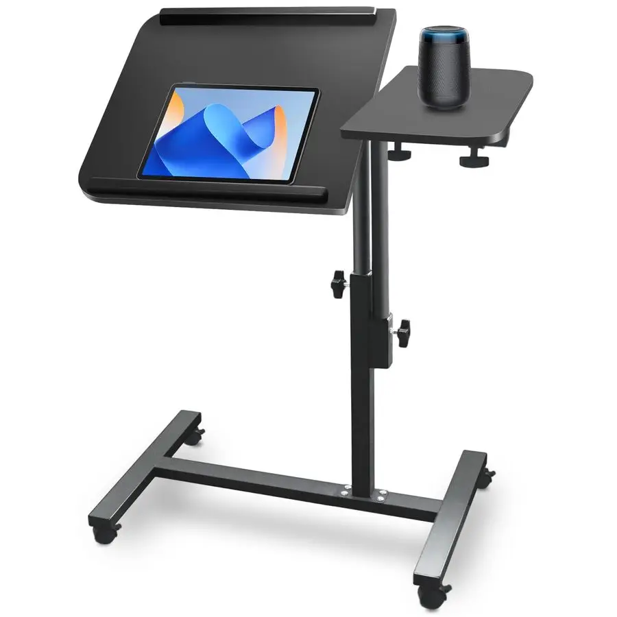 Dual TiltSwivel Desktop Overbed BedSide Table, Adjustable Height Laptop Standing Desk with Wheels, Folding Mobile TV Dinner Tray