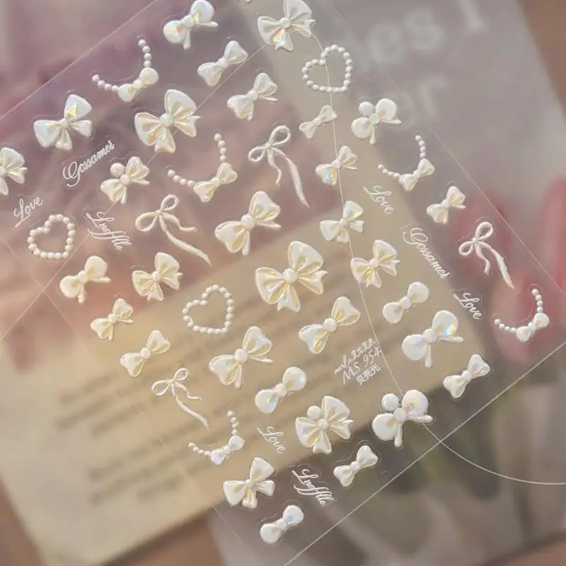 French Polka Dot Design 5D Nail Art Stickers with Bowknot Pearl Heart Elements
