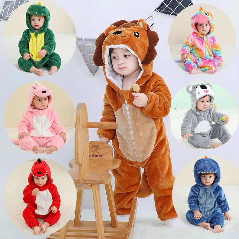 Newborn Clothing 1 2 3 4 Years Winter Baby Dinosaur Unicorn Cow Monkey Cosplay Costumes Toddler Flannel Pajamas Infant Rompers