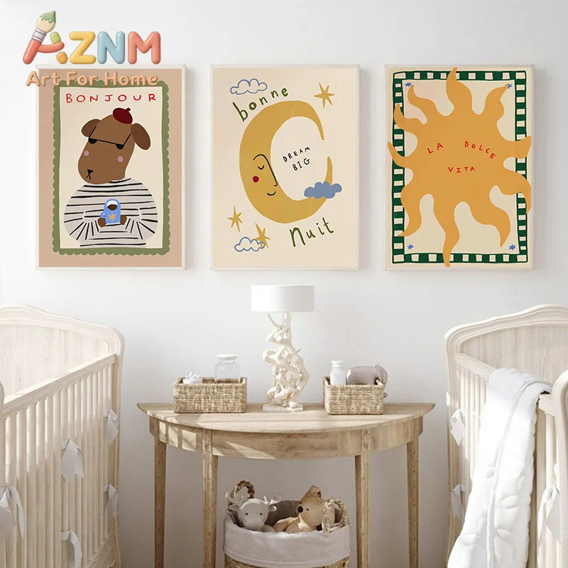 Bohemian Sun Moon Animal Cartoon Illustration Poster Prints Canvas Painting Wall Art Picture Living Kindergarten Room Home Decor