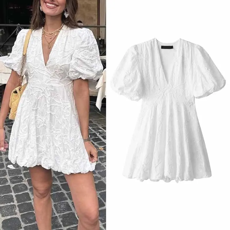 TRAF Floral Mini Women Dress V-Neck Embroidery Ruffle Lady Dress New In 2024 Summer Fashion Casual Elegant Party Women Clothing