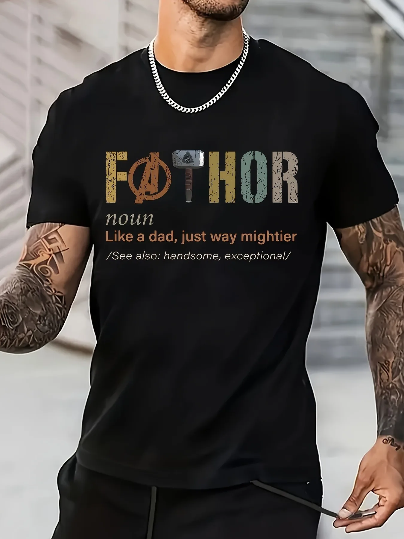 

Father's Day Men's Casual T-Shirt - Humorous "Father" Definition Print, Soft Stretch Round Neck, All-Season Comfort Fit