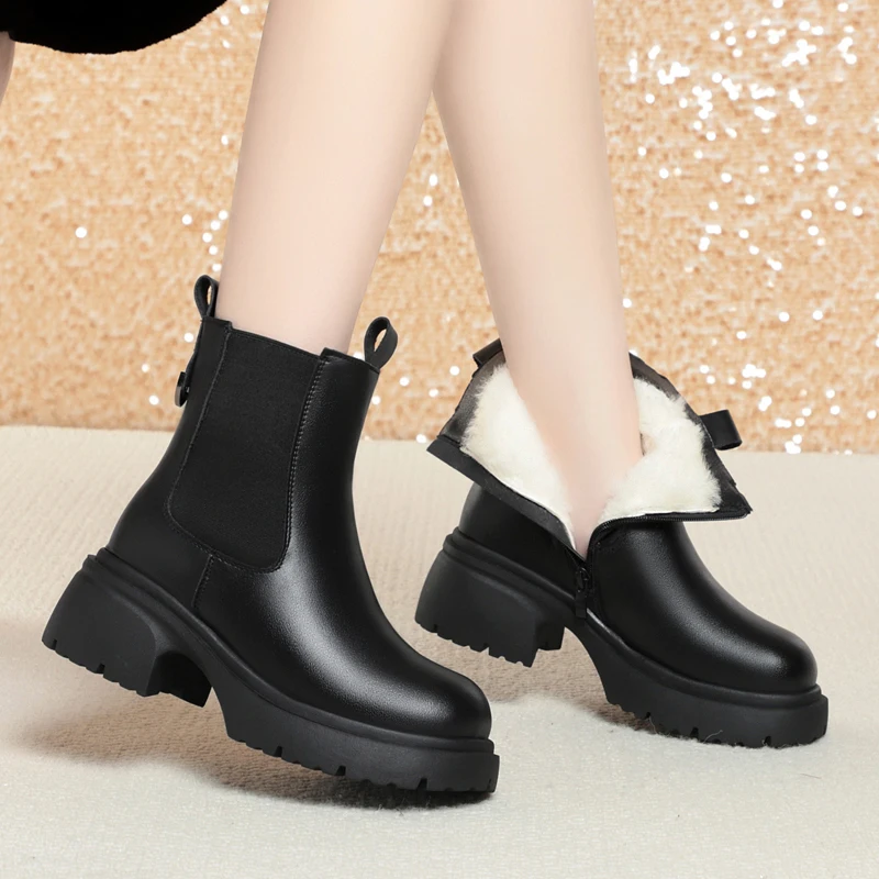 AIYUQI Snow Boots Women 2024 New Genuine Leather Women Ankle Boots British Style Natural Wool Winter Warm Women Chelsea Boots