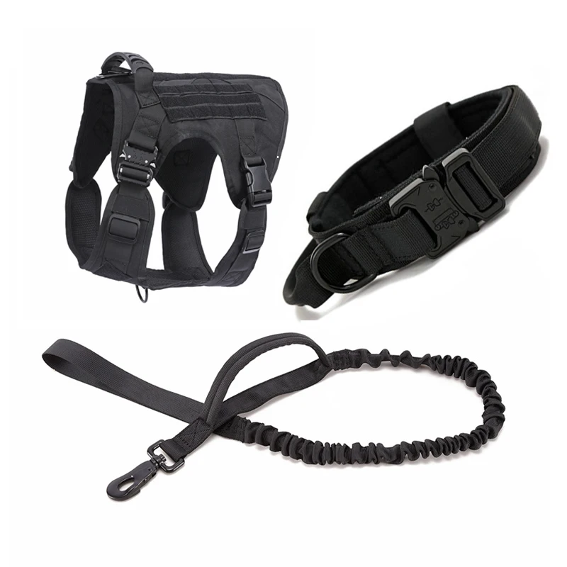 

Luxury Custom Heavy Duty Nylon Metal Buckle Padded Tactical Dog Collar Leash Harness Set Letter Pattern Personalized Leather