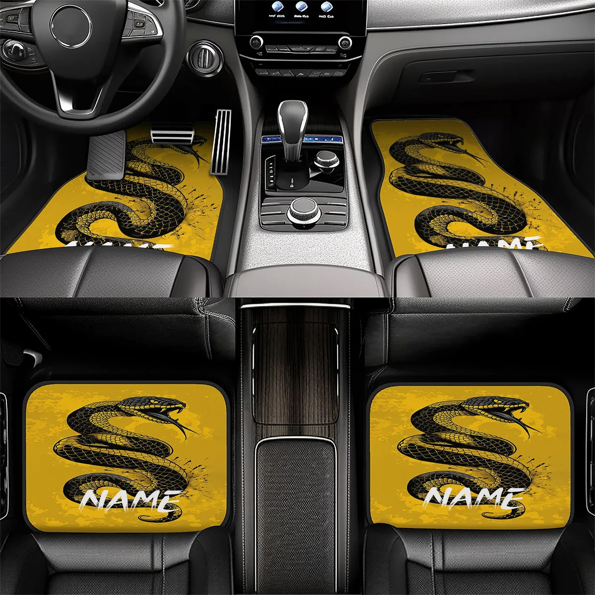 These 4pcs Customizable Car Floor Mats Feature Your Name And A Personalized Design Print With Large Yellow Snake Pattern. They M