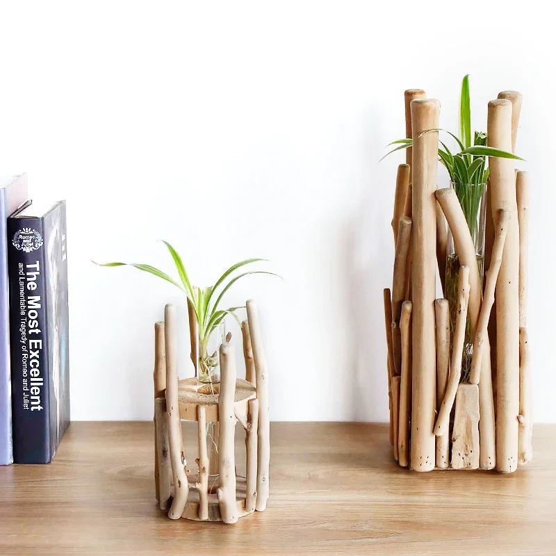 Handmade Wooden Vase Test Tube Glass Flower Hydroponic Vases Plant Pot Flowerpot Arrangement Decorative Crafts