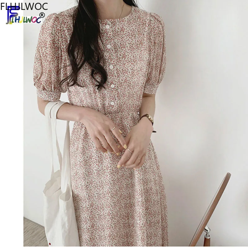 Vintage Printed Dresses Women Fashion Summer Short Sleeve Slim Waist A Line Preppy Style Girls Korean Style Clothes Design Dress