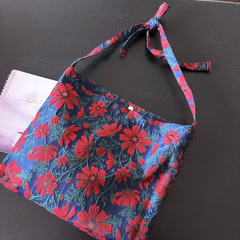 Borsa a tracolla Jacquard Vintage per donna borsa per la spesa riutilizzabile da donna con motivo floreale borsa a mano portatile di grande capacità