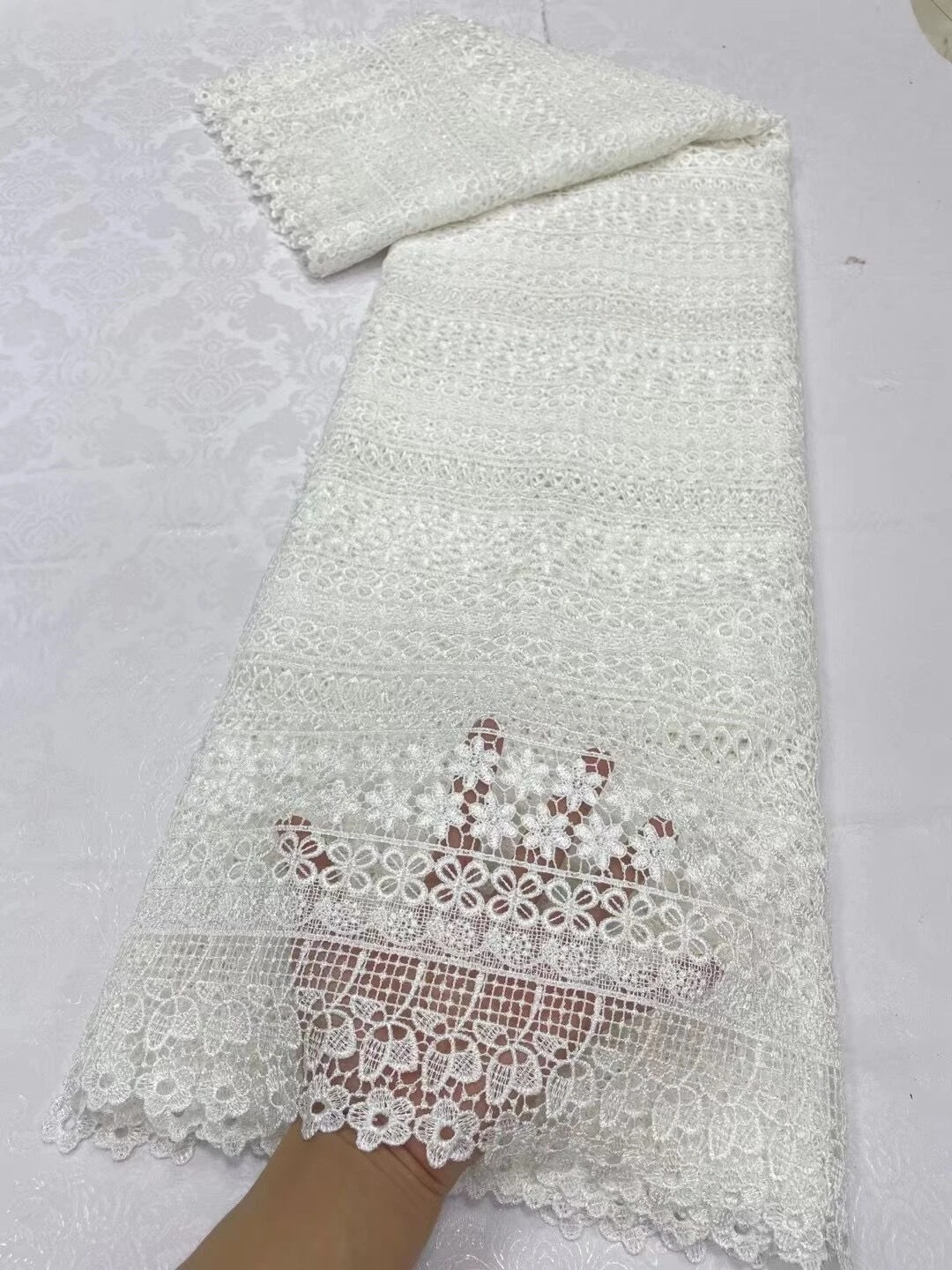 

African Nigerian Lace Fabric, High Quality, Embroidery Tulle, Pure Wedding Party, Damask Guipure Dress, White Cotton, 5Yard,