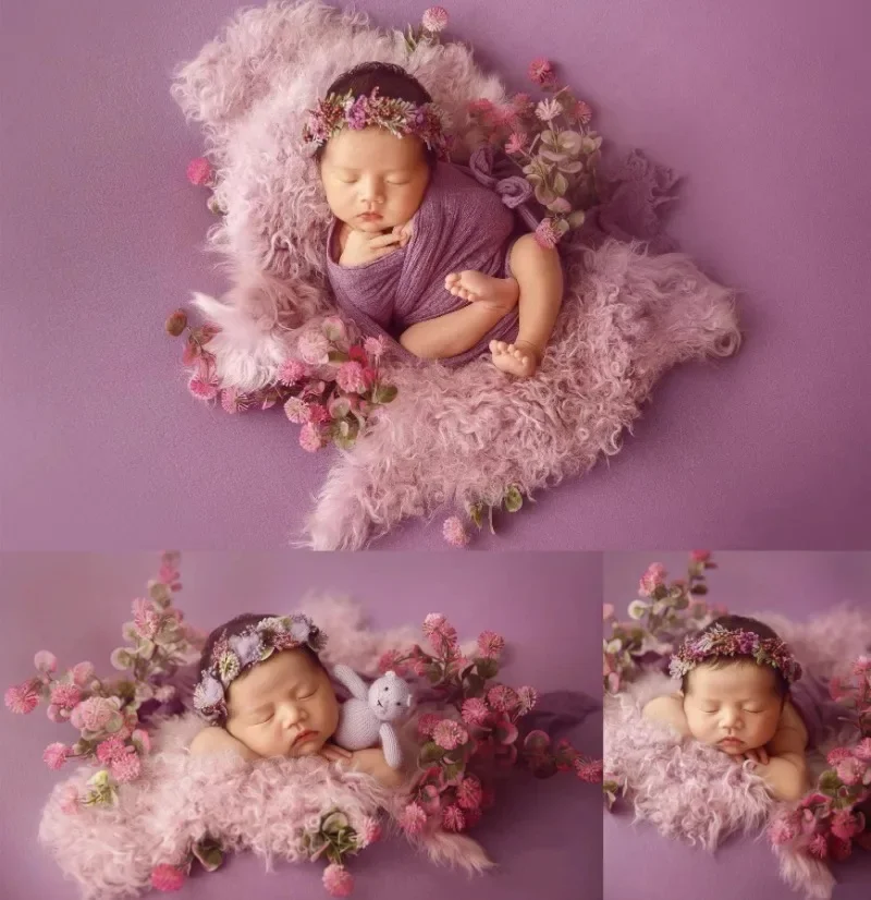 Newborn Baby Photography Props Purple Floral Headband Knitting Bunny Doll Wool Blanket Theme Set Studio Shooting Photo Props