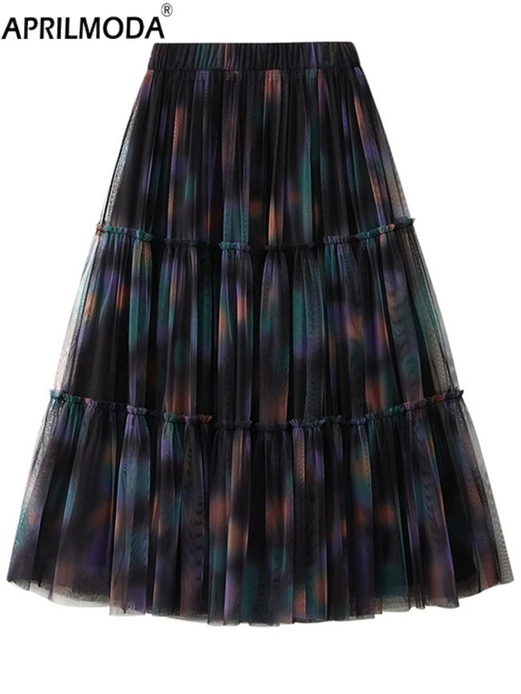 

Spring Dye Tie Cake Long Tulle Skirts Gradient Print Layered Tiered Puffy A-line Tutu Skirts Elegant Ruffle Casual Party Skater