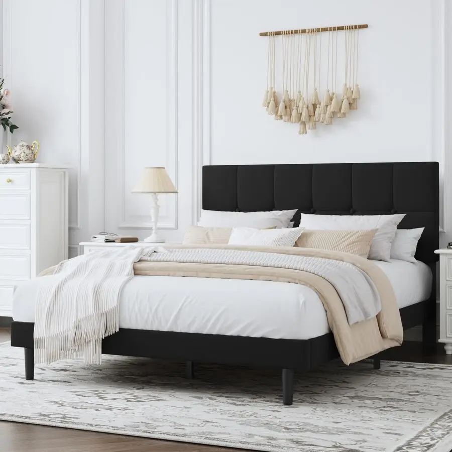 هيكل سرير مع لوح رأسي منجد، إطار سرير بمنصة شديدة التحمل، مقاس كوين مع شرائح خشبية قوية، لا حاجة إلى صندوق زنبركي، ضوضاء