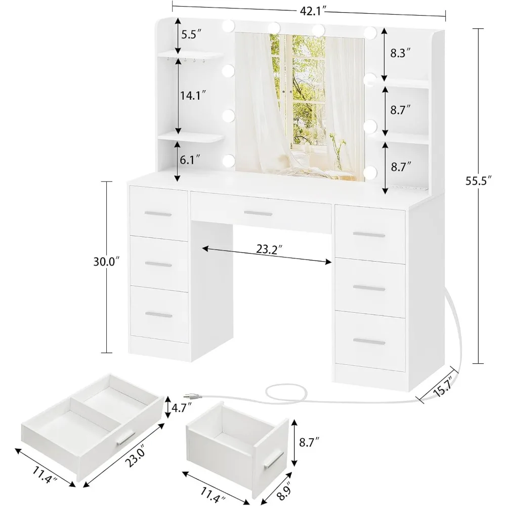 Meja Rias 42,1" dengan Cermin dan Lampu, Meja Rias Rias dengan 7 Laci, 4 Rak, 5 Kait Permata & Strip Daya, Set Meja Rias