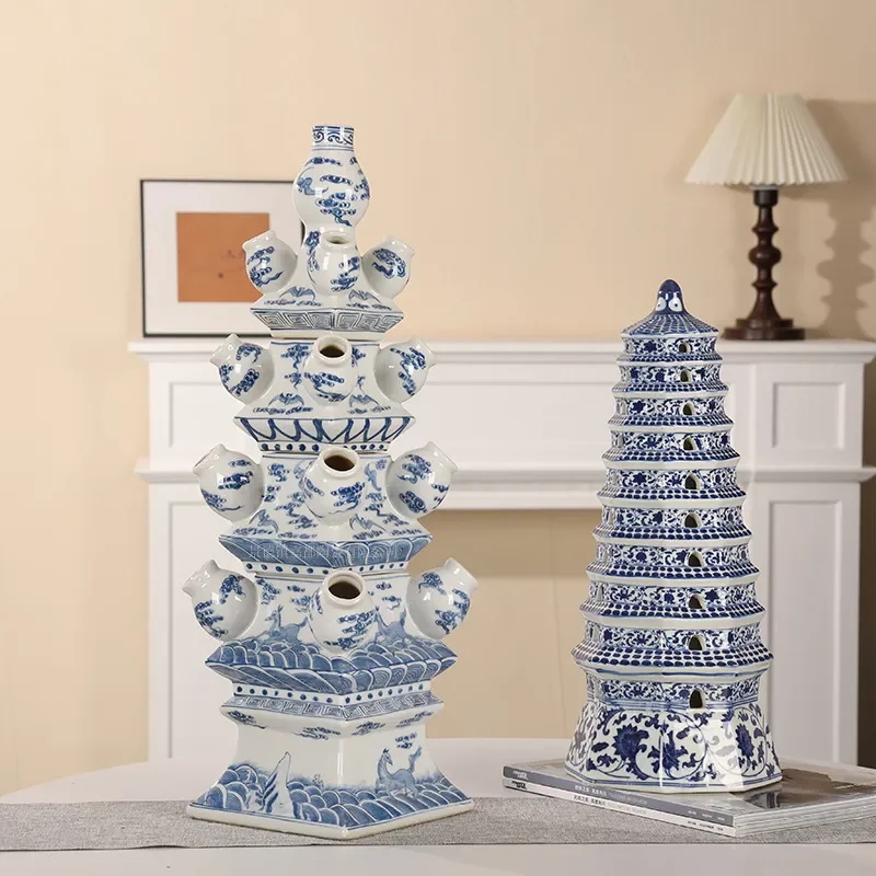 Jingdezhen Blue and White Porcelain Pagoda Vase Chinese Style Ceramic Flower Arrangement Tower Indoor Floor Decoration