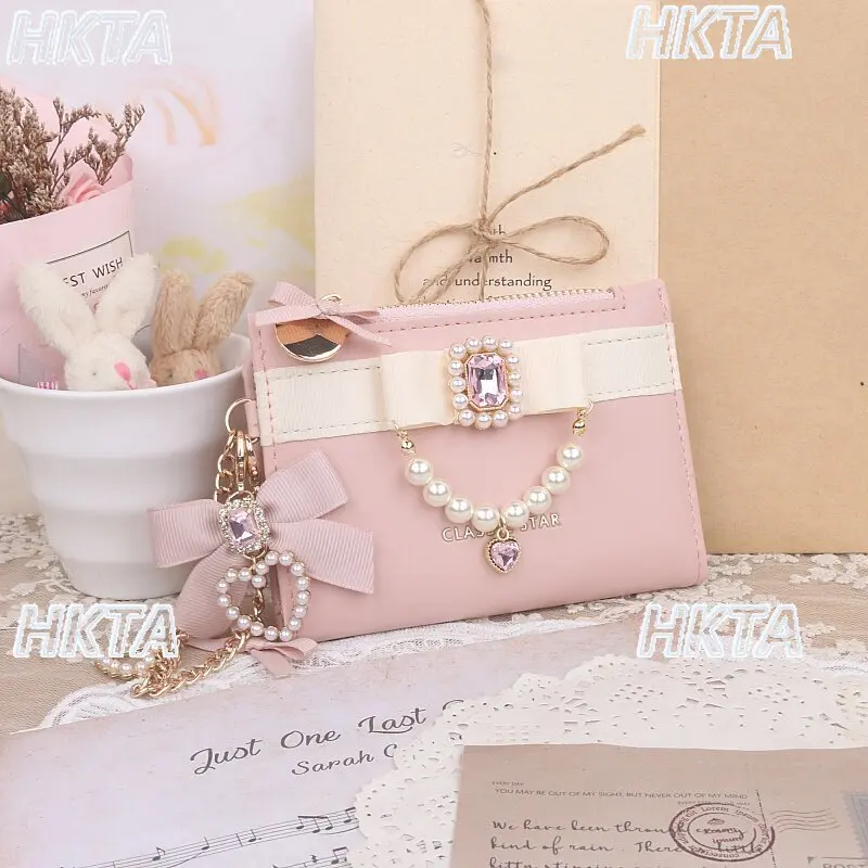 Japanese Sweet Cute New Lolita Chain Bow Pendant Money Bags Kawaii Portable Pearl Beaded Horizontal Bag Short Wallet Bags Women