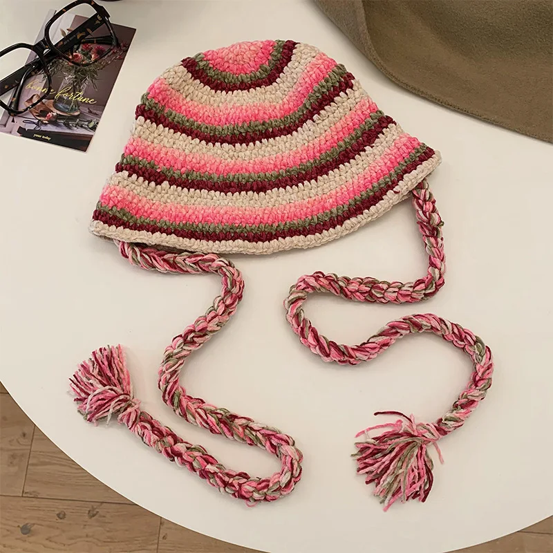 Colorful Striped Hand Knitted Fisherman's Hat Ladies Autumn and Winter Outdoor Warm Tie Braid Basin Hat 6