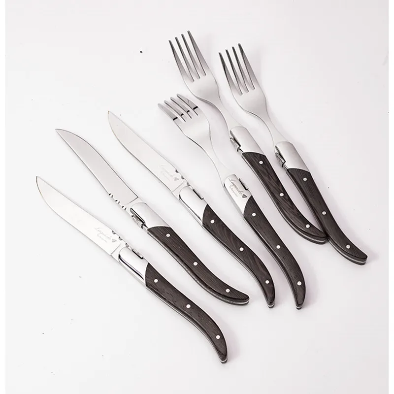 6pcs Laguiole Table Knife set Western Chicken Wing Wooden Steak Knives Dinner Food Forks Restaurant Household Cutlery Flatware