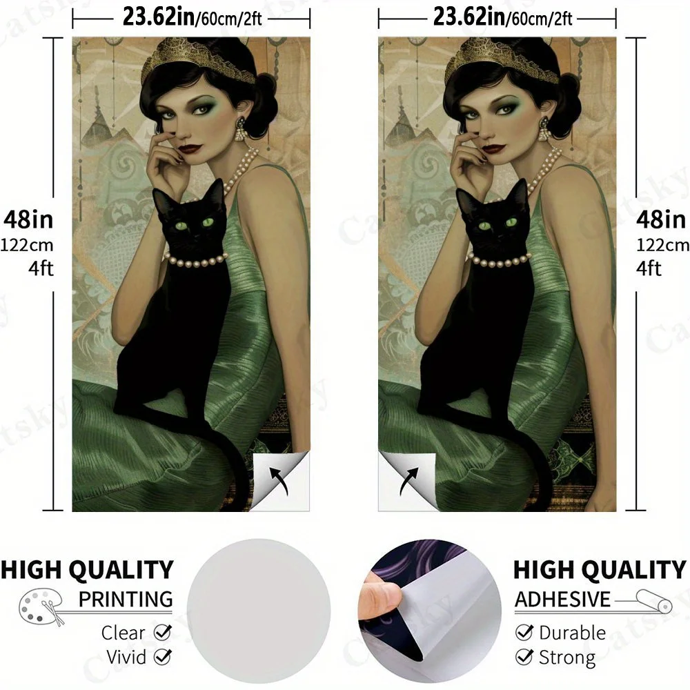 Woman with Black Cat,Elegant Portrait Art,Vintage Fashion Decor,High Value! 2D Flat Vinyl Sandboard Stickers - Bubble-Free, Easy