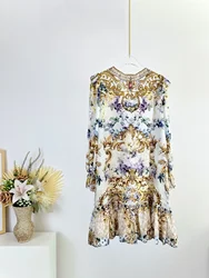 Women Beaded Dress 100% Silk Flower Printed V-Neck Long Sleeve Elegant Mini Robe