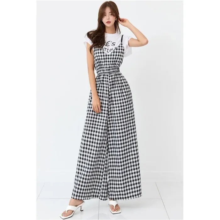 

2026 Summer New Chic Casual Plaid V-neck Waist-cinched Strapalls-in-one Pants for Women Fashionable Versatile Wide-leg Trousers