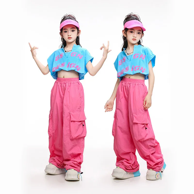 Kid Kpop Hip Hop Clothing Blue Stretch Hem Crop Top T Shirt Rose Casual Cargo Pants for Girls Jazz Dance Costumes Wear Clothes