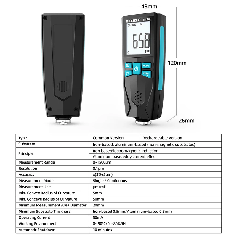 Mileseey MC996 MC998 Thickness Gauges Car Paint Film Coating Thick Detector Automobile Repair Tools 0-1500um Fe & NFe Probe Kits