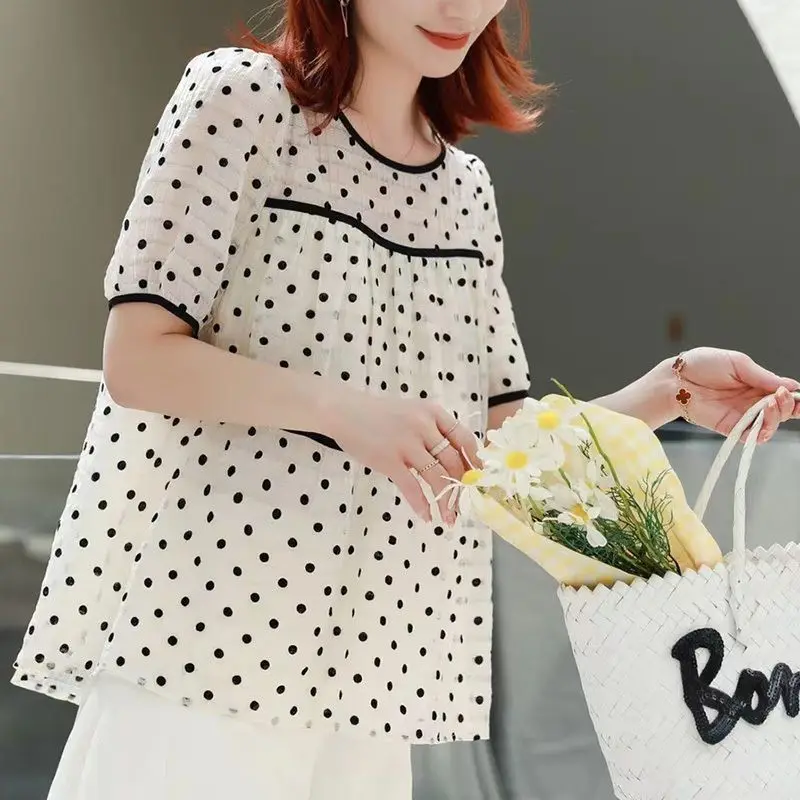 Fashion Loose Women's Polka Dot Printed Chiffon T-shirt 2023 Summer Casual All-match Round Neck Spliced Tops Female Clothing
