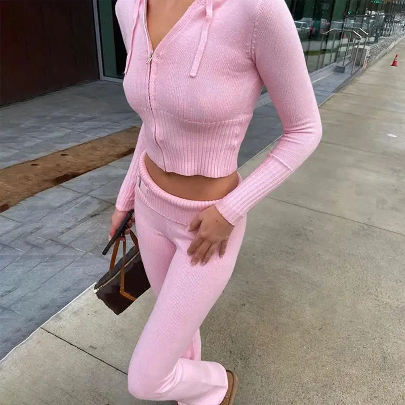 

Sexy Knitted Hooded Two-Piece Set High-Waist Pants Color Fashionable Adult Women's Autumn Collection Pure Color Set