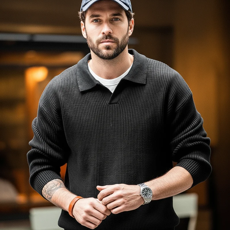 Maden Retro Polo Neck Knit Vertical Woven Polo Shirt Lazy Pullover Sweater Men's Autumn and Winter Lapel Soft Warm