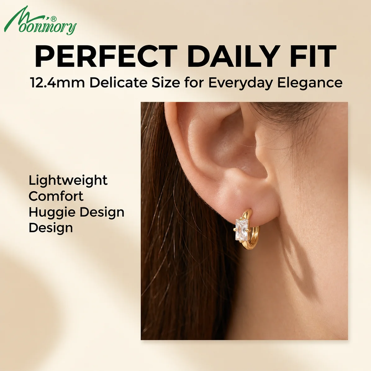 Moonmory Original Design Schmuck Minimalistische Rechteckige Huggie-Ohrringe für Damen 5A Messing 14K Doppel-Goldplattierung Geschenk-Ohrringe – Detail 2