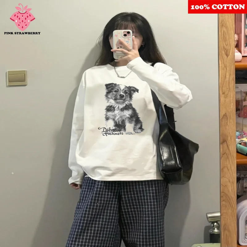 

American Retro Dog Print T-shirt Women Autumn 2025 New 100% Cotton Oversize Long sleeved Loose T-shirt Y2k Top Ladies clothing