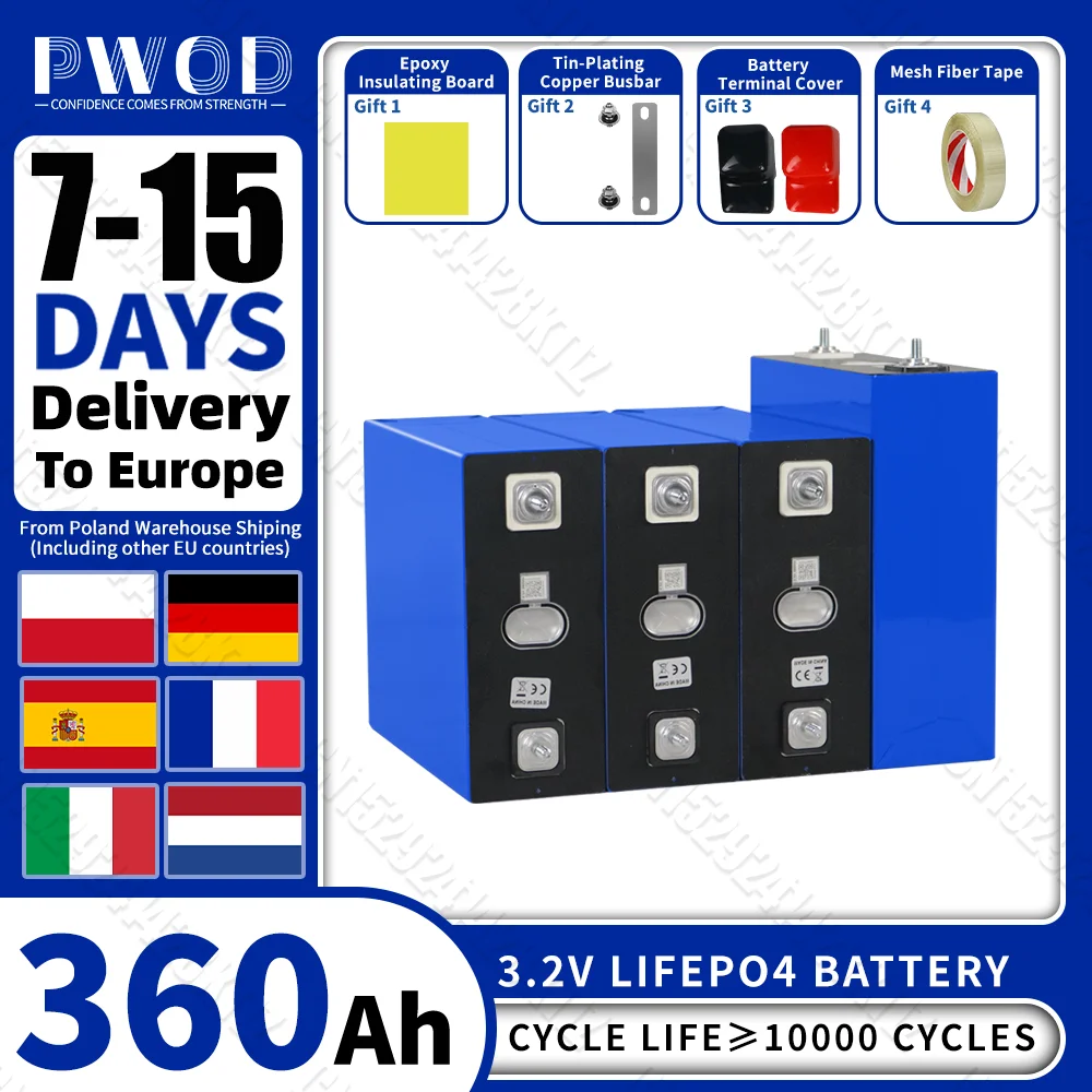 PWOD 3.2 فولت Lifepo4 بطارية 360AH الصف أ 10000Cycle لتقوم بها بنفسك 12 فولت 24 فولت 48 فولت ليثيوم خلية فوسفات الحديد للتخييم عربة جولف الاتحاد الأوروبي الأسهم