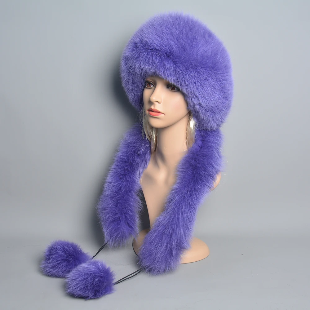 Women\'s Real Fox Fur Hat Scarf Mongolian Bomber Hat Ladies Winter Warm Fox Fur Earflap Caps Russia Winter Real Fur Hat