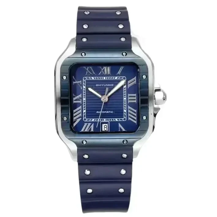 Автоматический механический спортивный квадратный унисекс, черный резиновый ремешок, сапфировое стекло, нержавеющая сталь, полностью функциональное мировое время