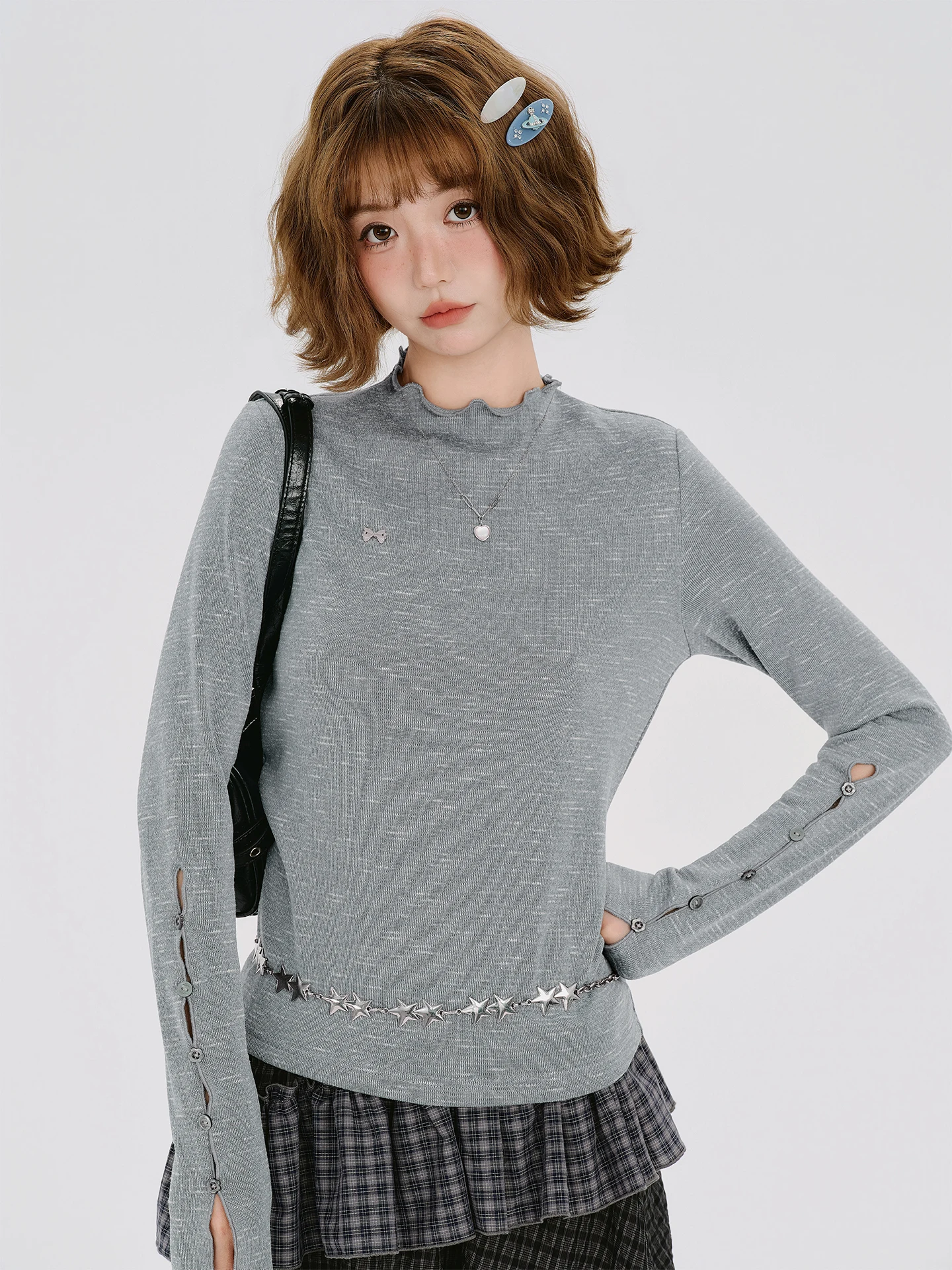 Girlyhalo American Retro Ear-Like Collar Long Sleeve Women's T-Shirt Slim Fit Base Shirt Elegant Style Autumn New Design