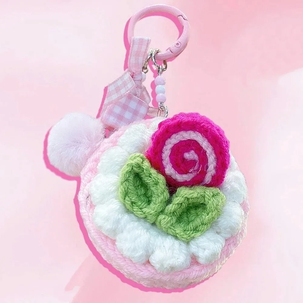 Creative Realistic Crochet Fruit Cake Keychain Handmade Kawaii Knitted Keyring Cartoon Multi-color Mini Bag Charm Party Favor