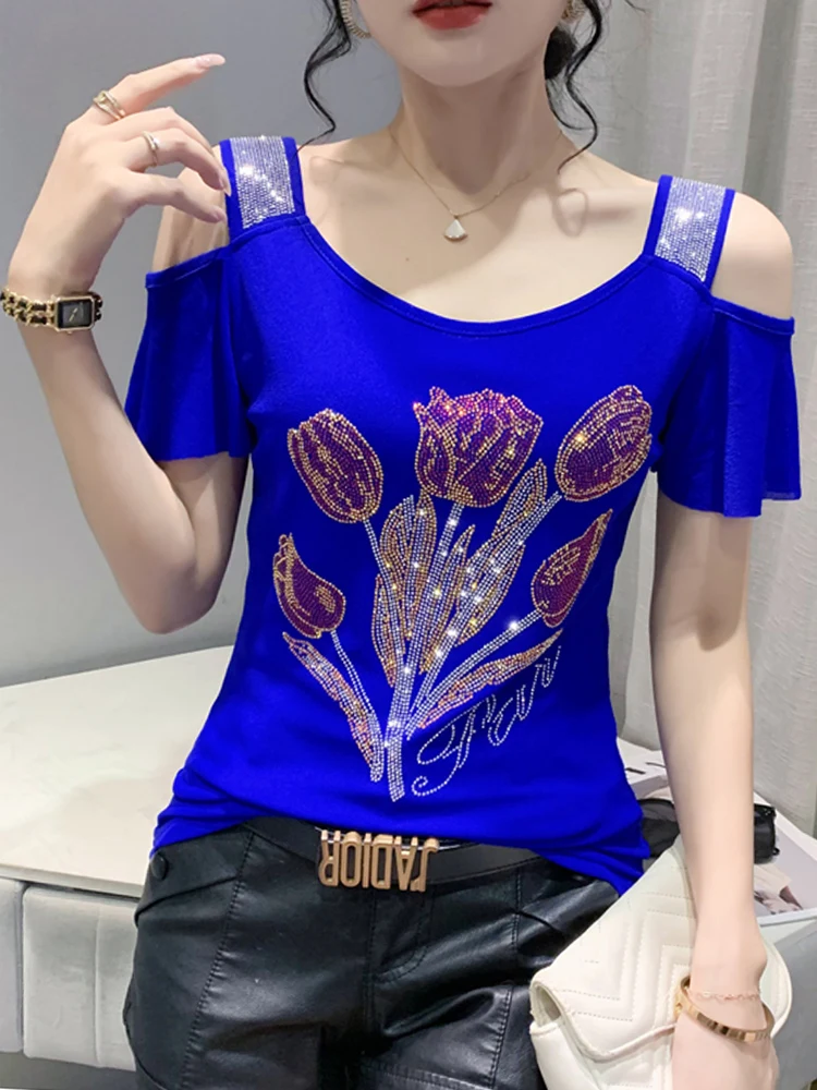 Camiseta Sexy de Um Ombro para Mulheres, Bordada com Pedrarias Pesadas, Cor Pura Geométrica...