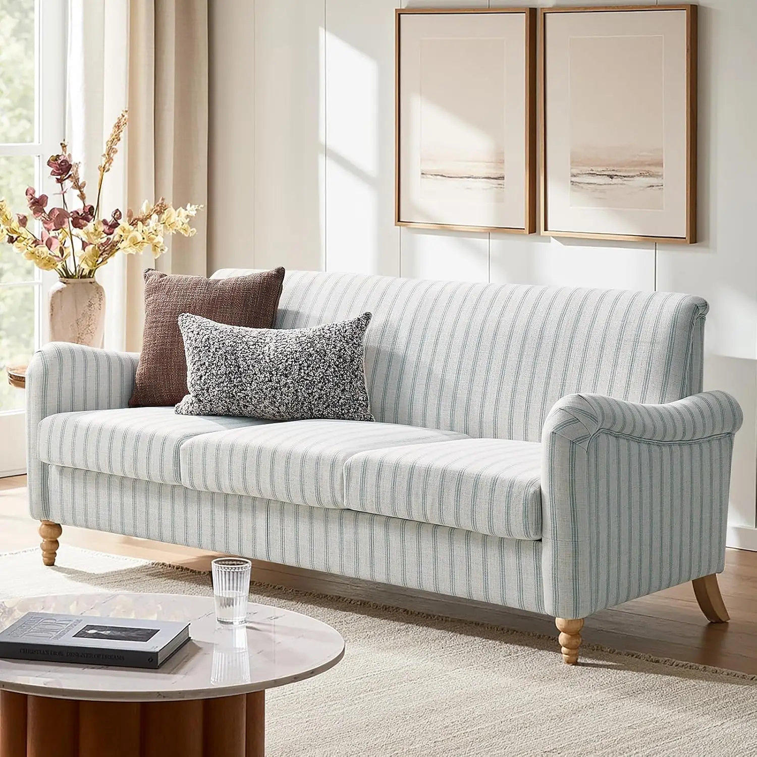 Farmhouse Curved 3 Seater Sofa with Stripe Pattern, Blue, Customized