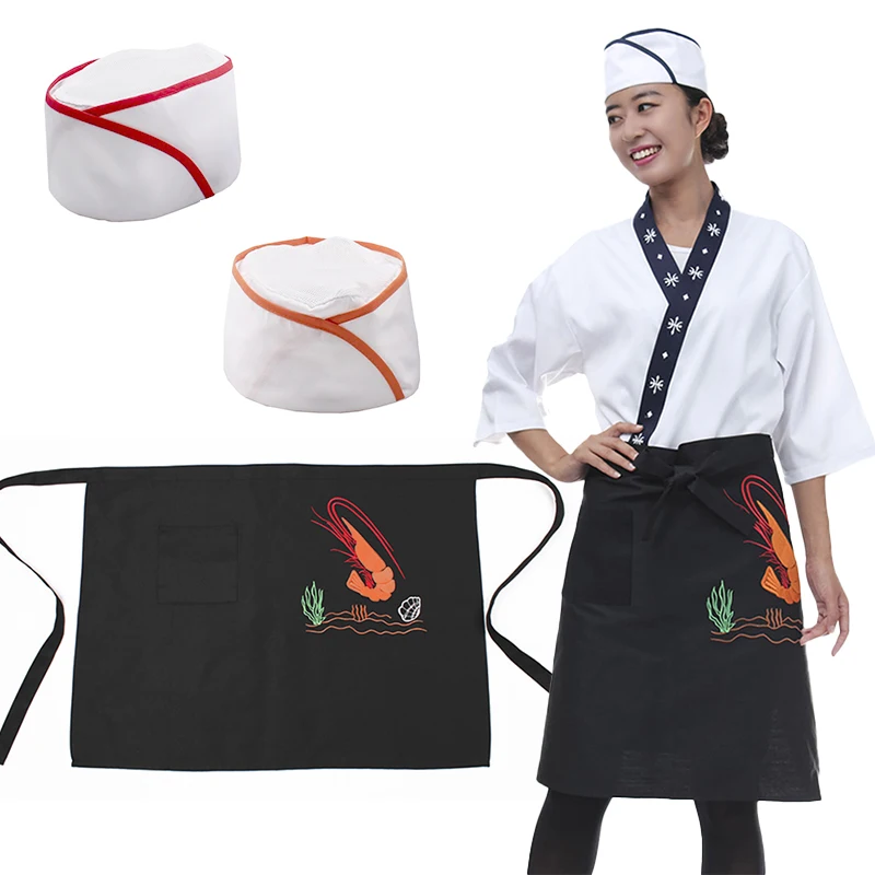 Delantales de cocina de estilo japonés, delantal de cintura larga de media longitud, sombrero, uniforme de Sushi a juego, delantal bordado