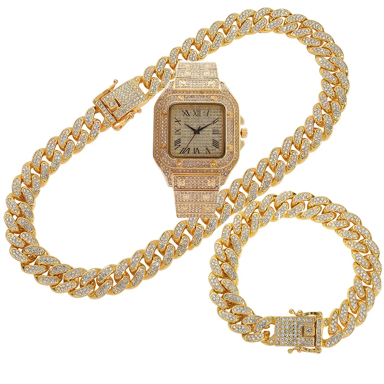 

Мужские модные кубинские часы в стиле хип-хоп со льдом и бриллиантами, позолоченные серебряные часы