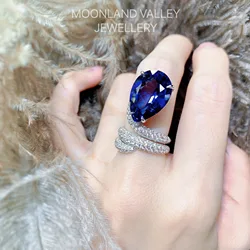 Luxury Real Solid Silver Wedding Cocktail Engagement Rings for Women 925 Pure Silver Drop Blue Sapphire Gemstone Ring Jewelry