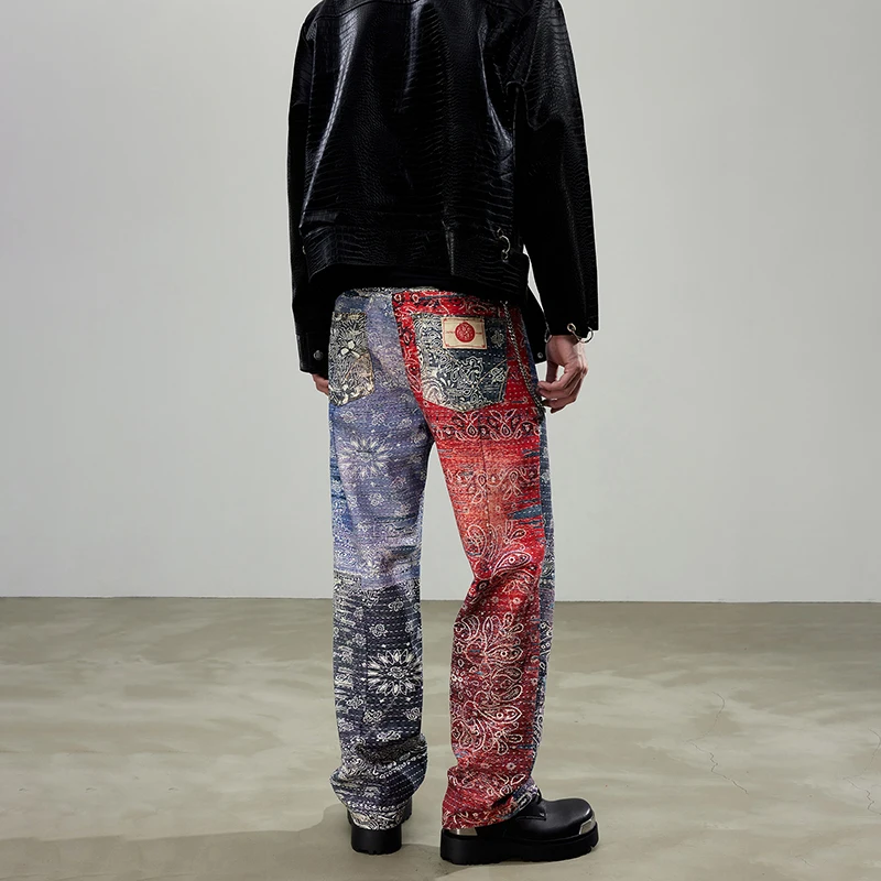High Street Paisley Jeans Men's Fashion Brand Loose Personality Fashion Design Sense European Hip Hop Handsome Straight Pants
