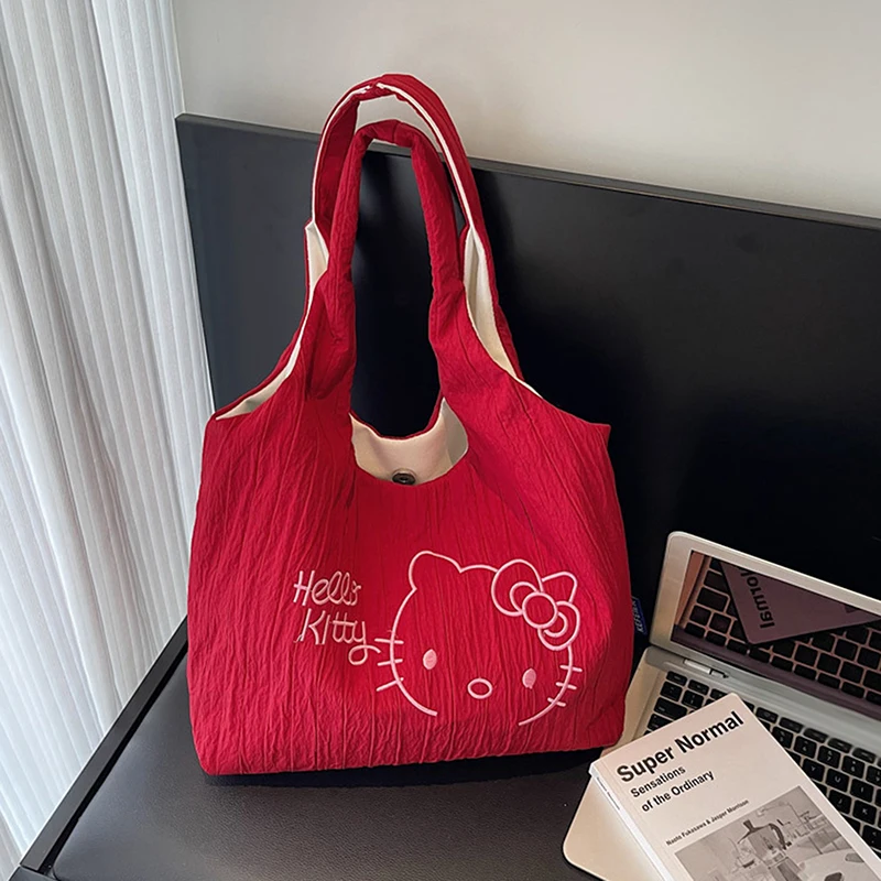 حقيبة يد نسائية مطرزة من Hello Kitty ذات سعة كبيرة وحقيبة كتف للطلاب للفتيات