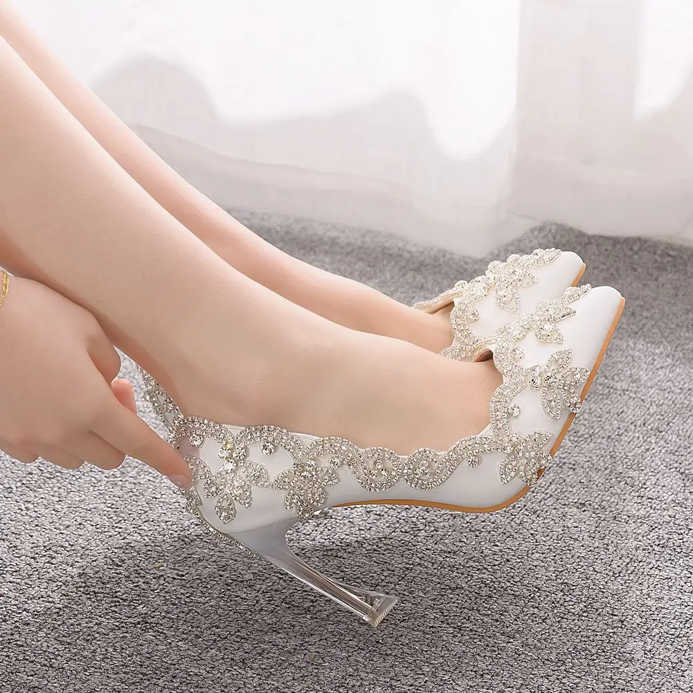 9cm Shallow Mouth Crystal and Ball Party Water Diamond Bridesmaid Shoes Foreign Trade Large Dinner Shoes
