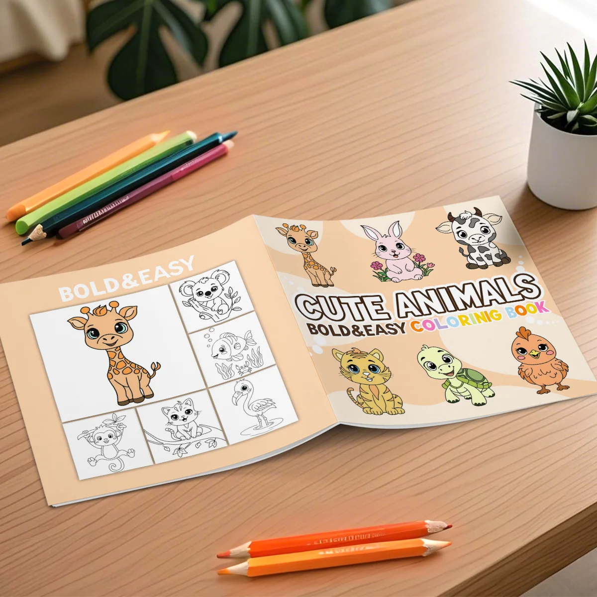 CUTE ANIMALS BOLD & EASY Coloring Book Original Adult Picture Book 24 Pages Gift For Creative Doodle Drawing Birthday