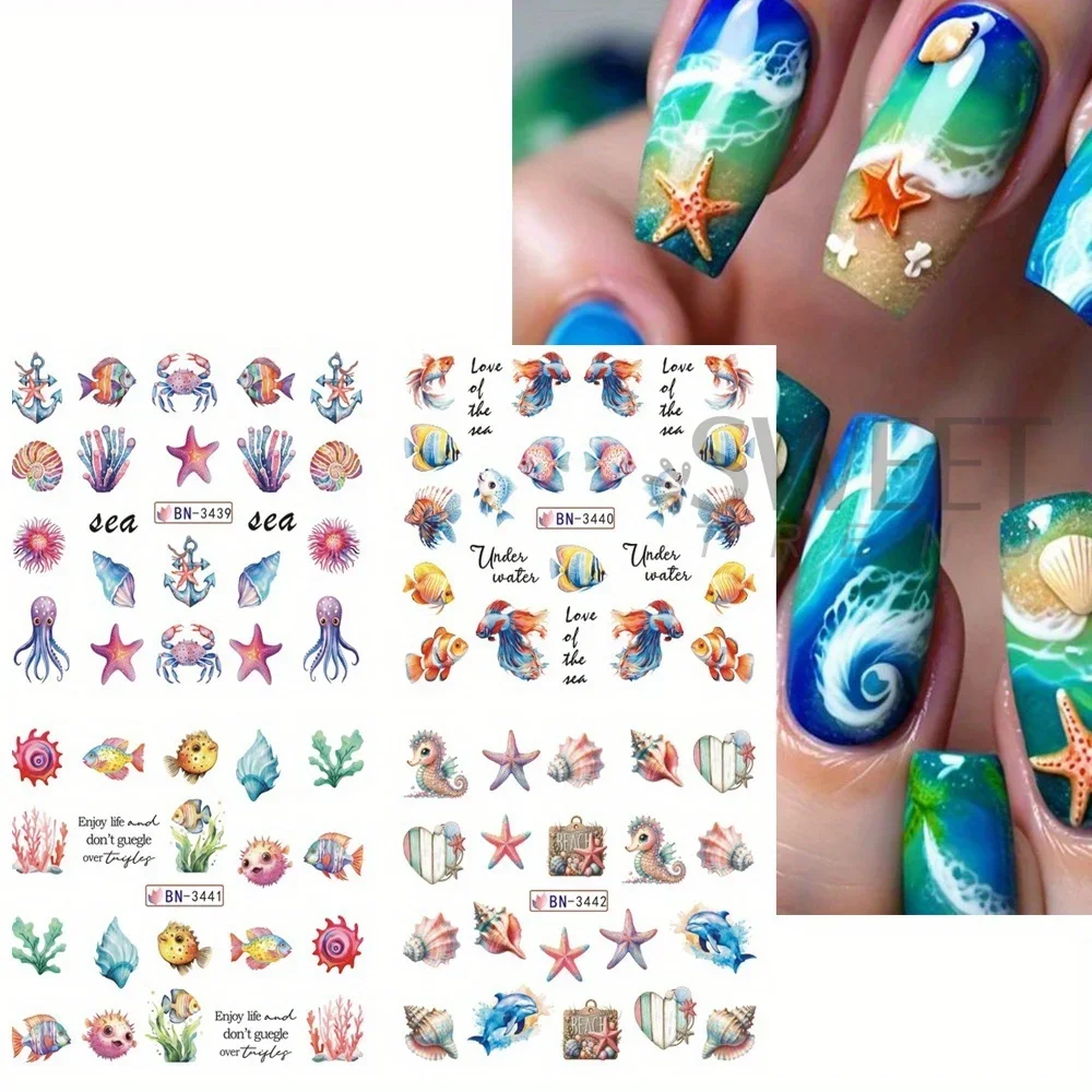 Pegatinas de decoración de uñas de océano, calcomanías de transferencia de agua, 12 diseños, concha, estrella, pez, caballito de mar, medusas, algas, marca de agua, decoración deslizante