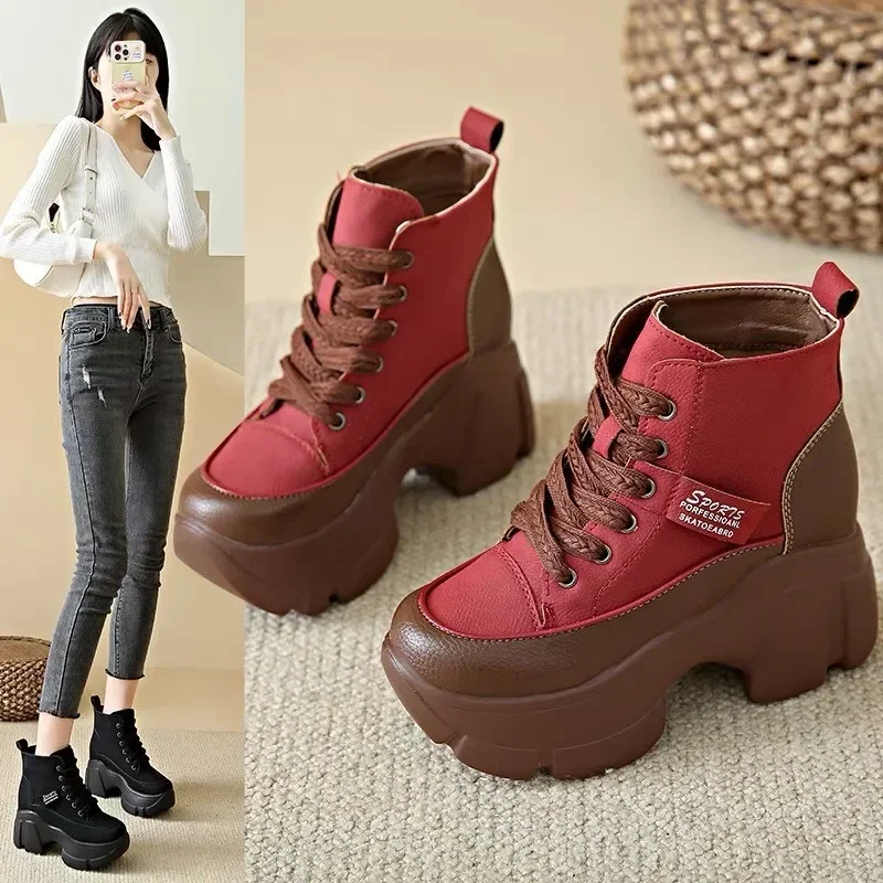 Women\'s Shoes on Sale High Quality Lace Up Women Boots Winter Round Toe Mixed Colors Short Barrel Platform Increase Height Boots