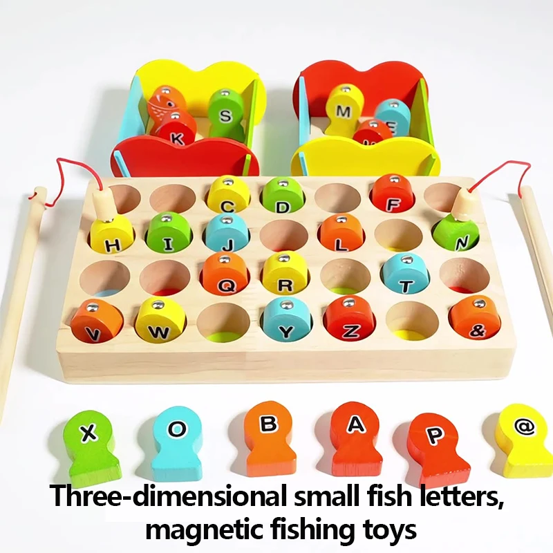 Montessori Children's Wooden Fishing Toys Magnetic 26 Letter Cognitive Puzzle Toy Games Parent-Child Interactive Educational Toy