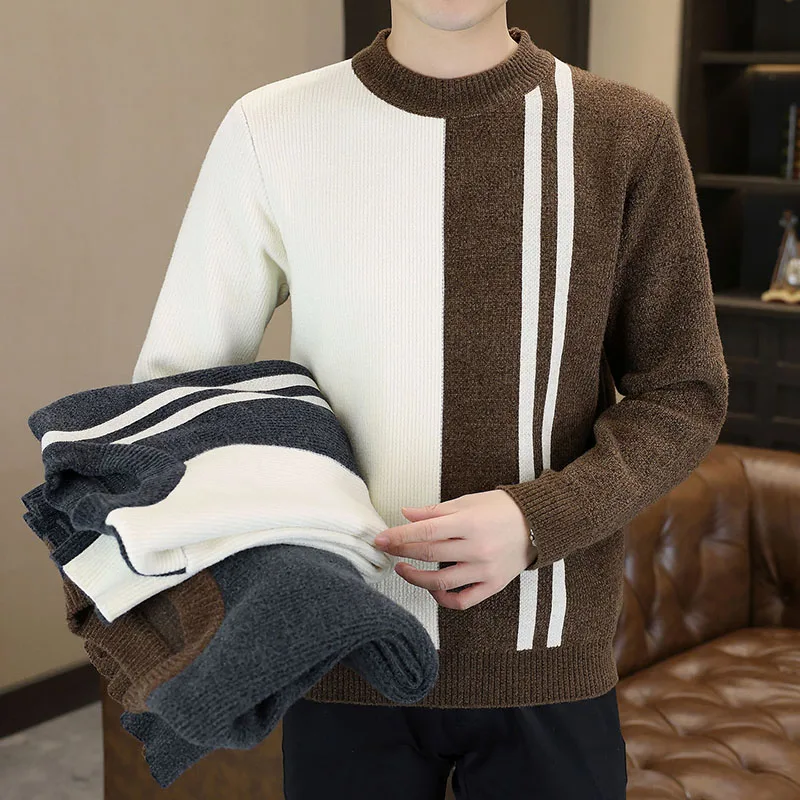 두꺼운 가을 겨울 남성 니트 스웨터 후드 반하이 칼라 따뜻한 폴리에스터 섬유 스트라이프 패턴 캐주얼 스타일 시티워크